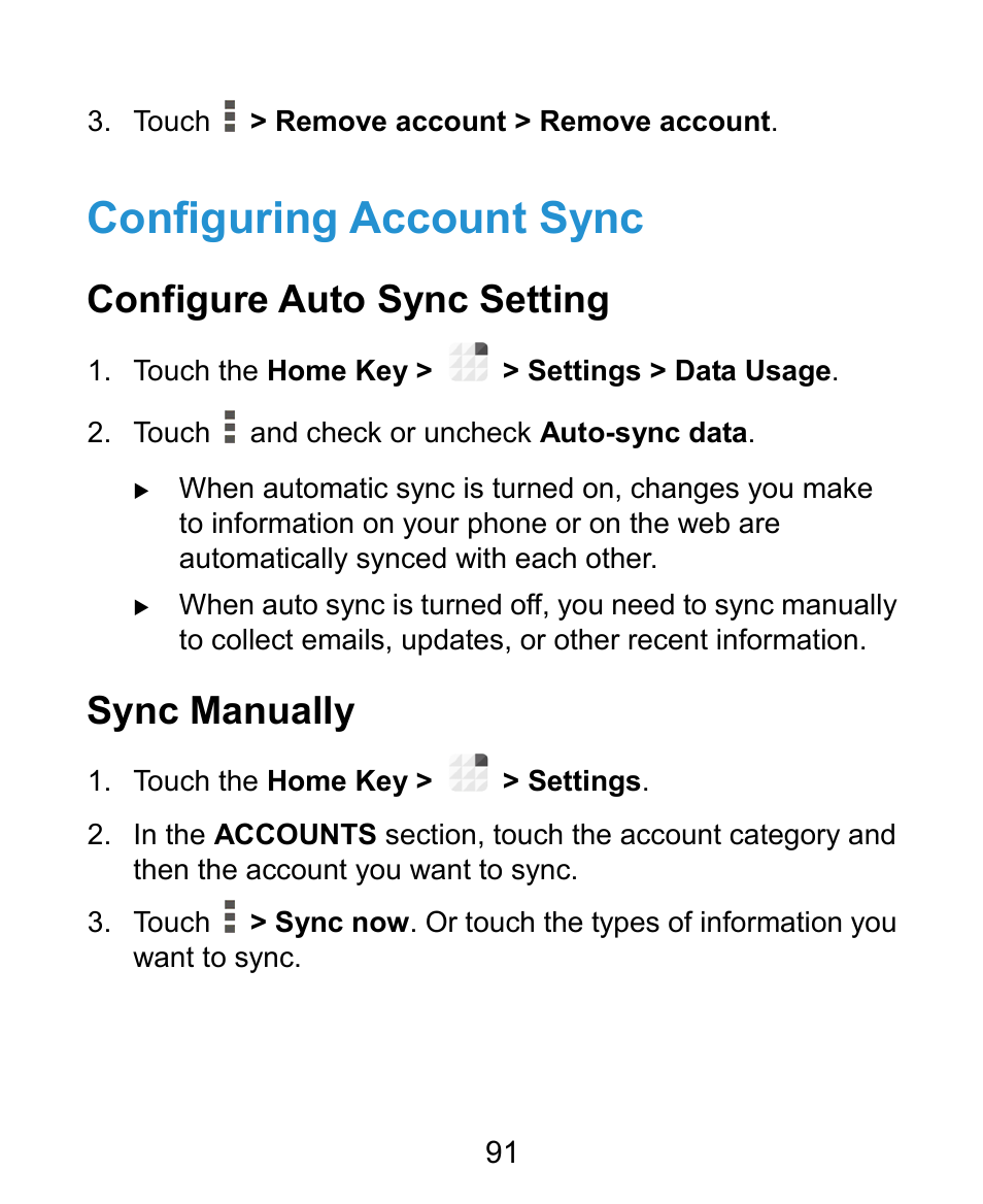Configuring account sync, Configure auto sync setting, Sync manually | ZTE Grand X Plus User Manual | Page 91 / 184