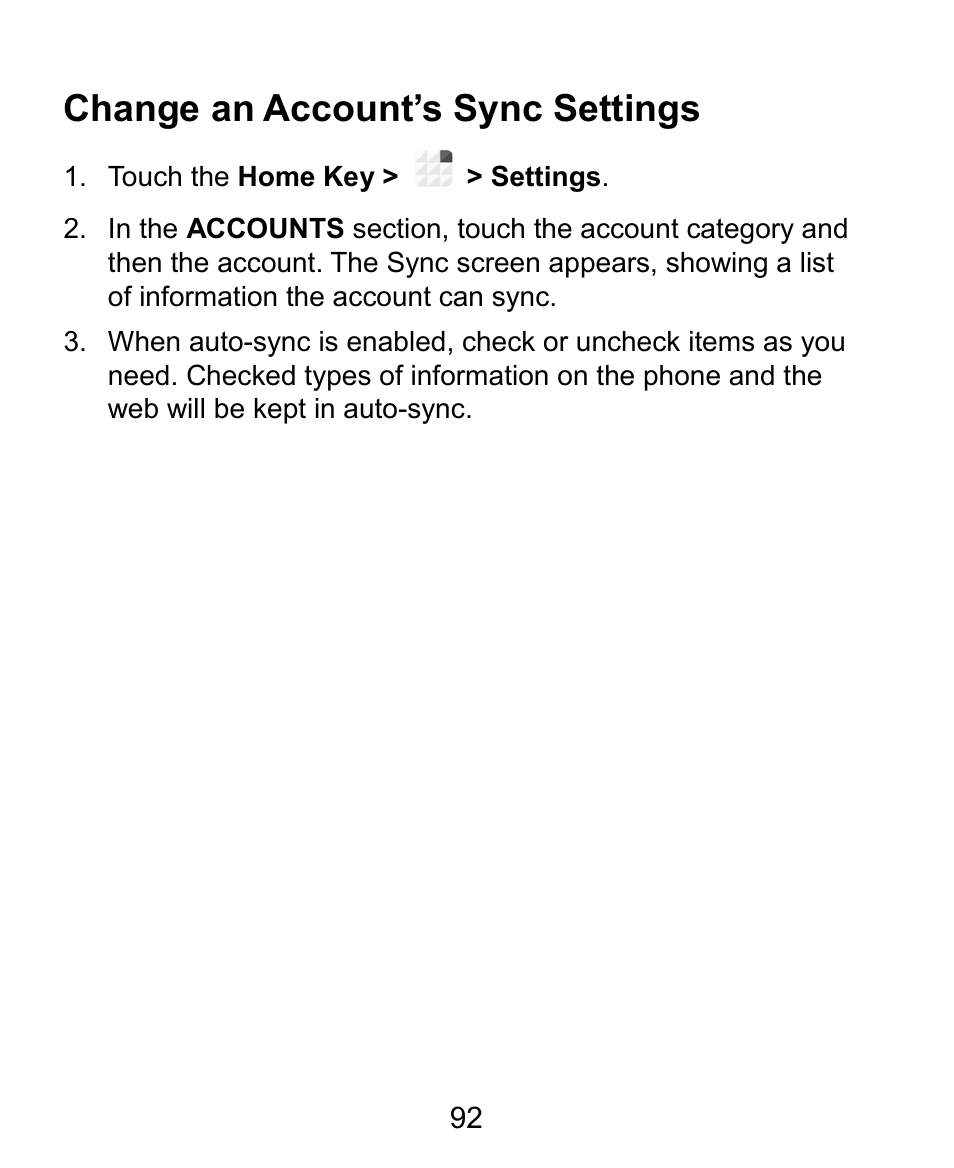 Change an account’s sync settings | ZTE Grand X Plus User Manual | Page 92 / 184