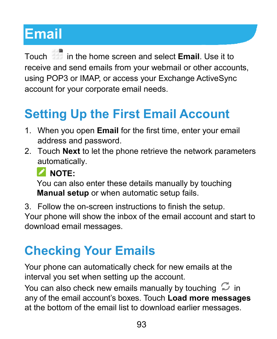 Email, Setting up the first email account, Checking your emails | ZTE Grand X Plus User Manual | Page 93 / 184