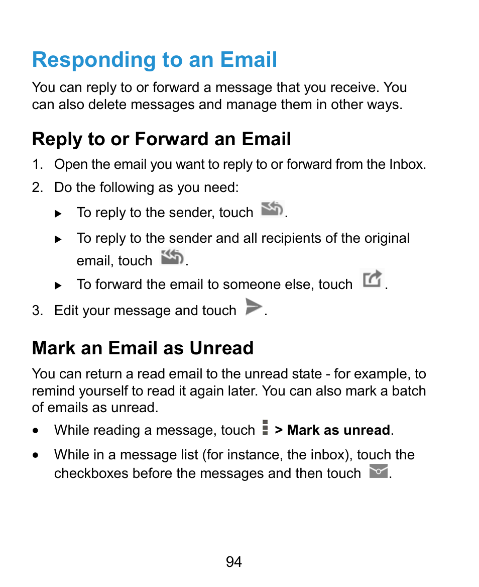 Responding to an email, Reply to or forward an email, Mark an email as unread | ZTE Grand X Plus User Manual | Page 94 / 184