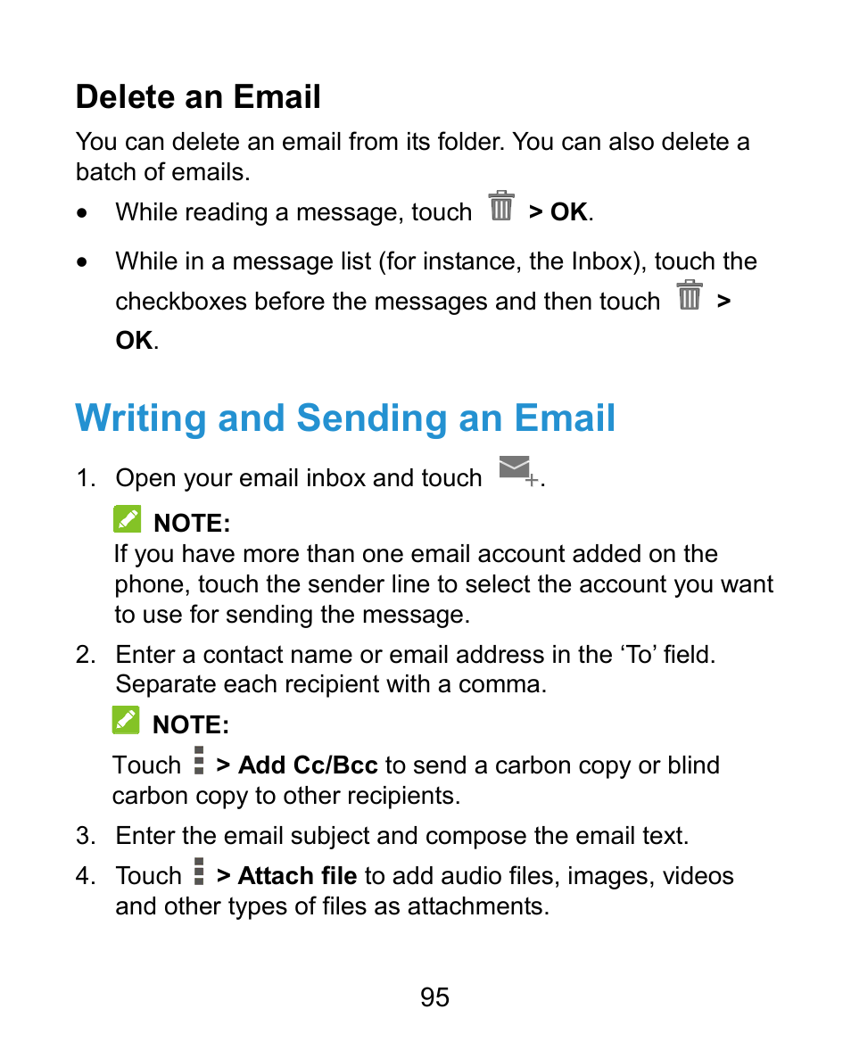 Writing and sending an email, Delete an email | ZTE Grand X Plus User Manual | Page 95 / 184