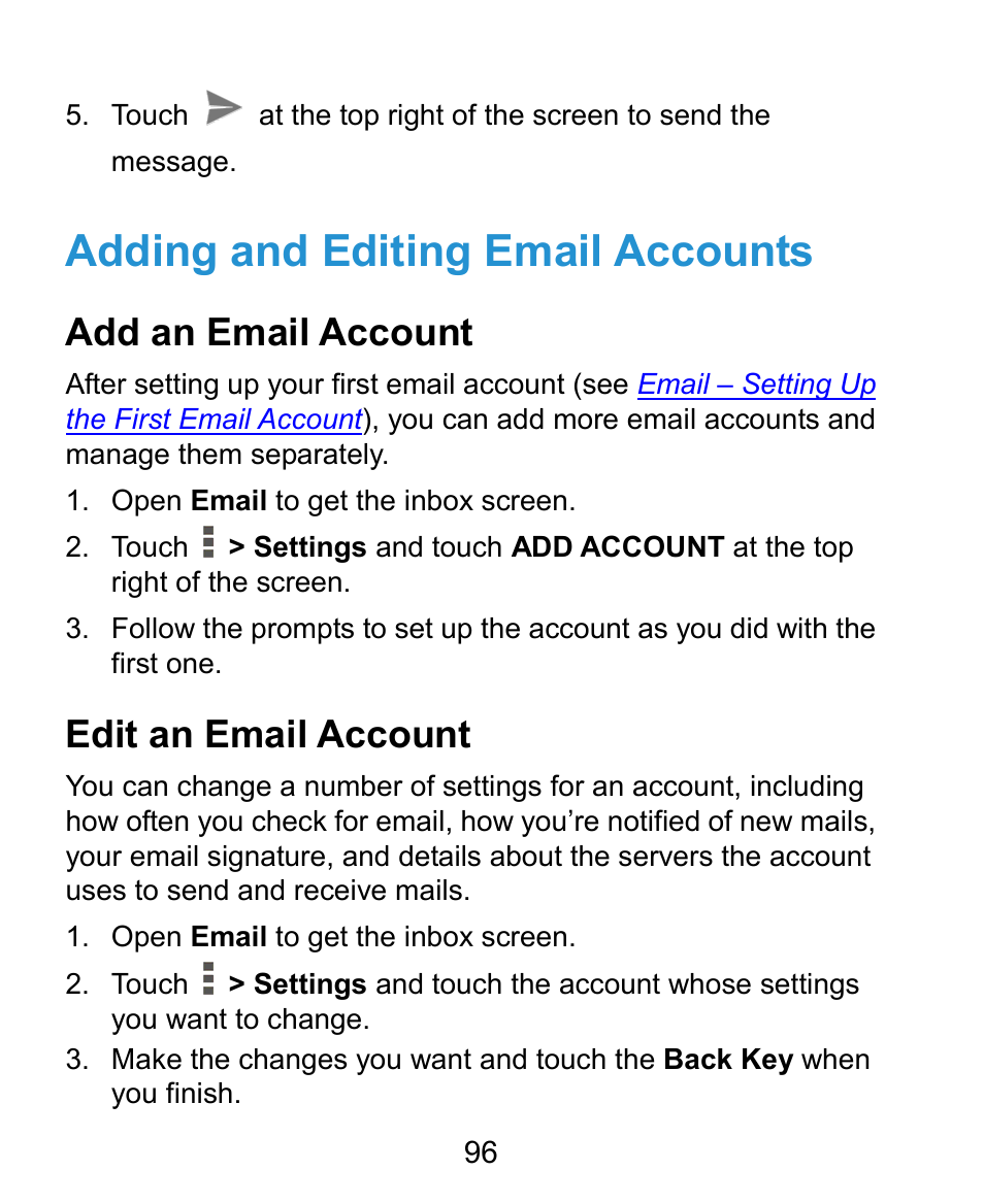 Adding and editing email accounts, Add an email account, Edit an email account | ZTE Grand X Plus User Manual | Page 96 / 184