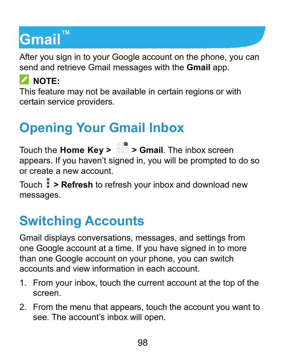 Gmail, Opening your gmail inbox, Switching accounts | ZTE Grand X Plus User Manual | Page 98 / 184