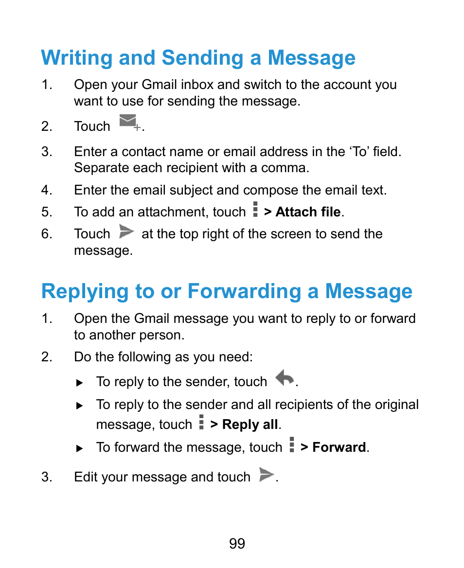 Writing and sending a message, Replying to or forwarding a message | ZTE Grand X Plus User Manual | Page 99 / 184