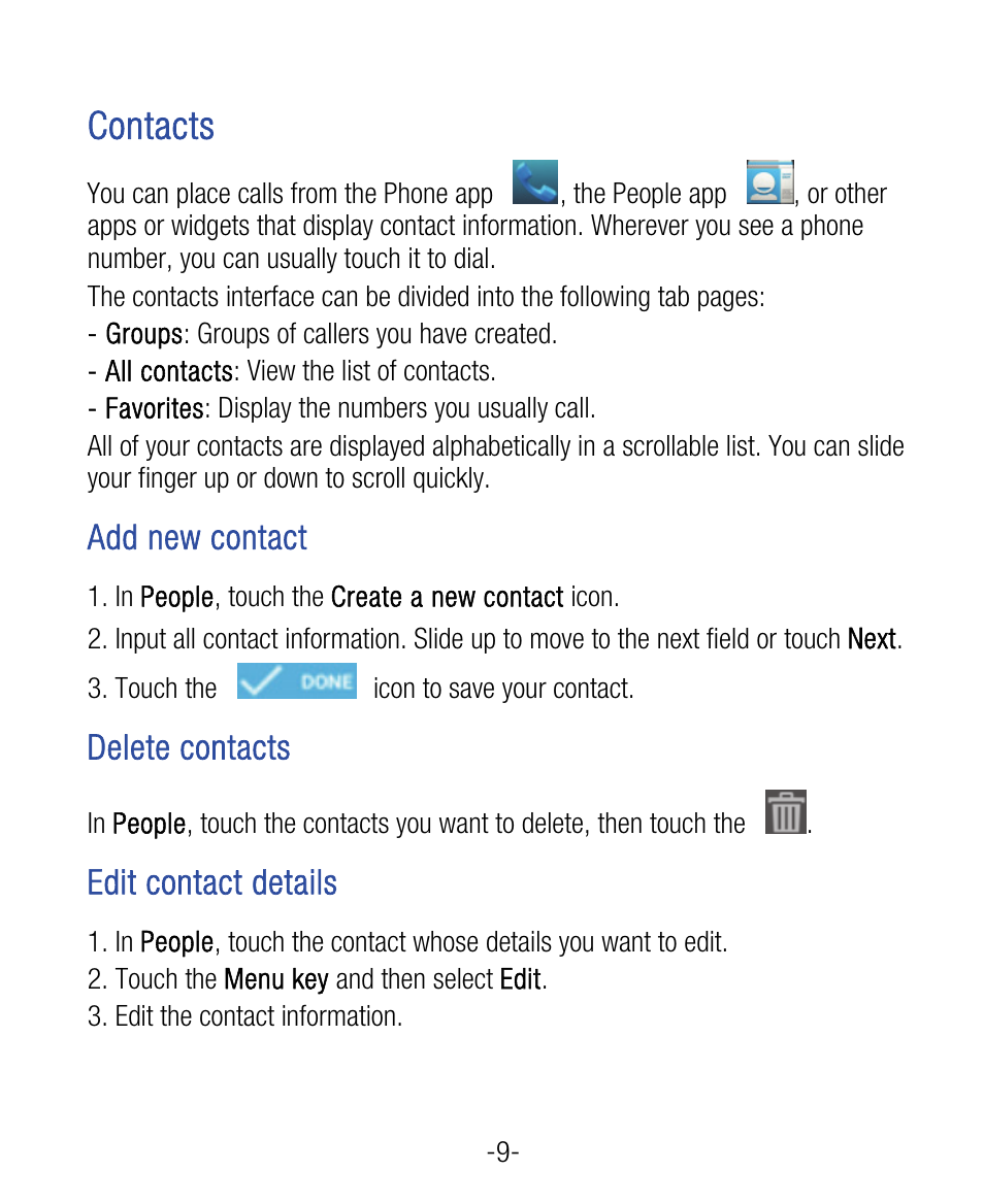 Contacts, Add new contact, Delete contacts | Edit contact details | ZTE Grand X User Manual | Page 13 / 37