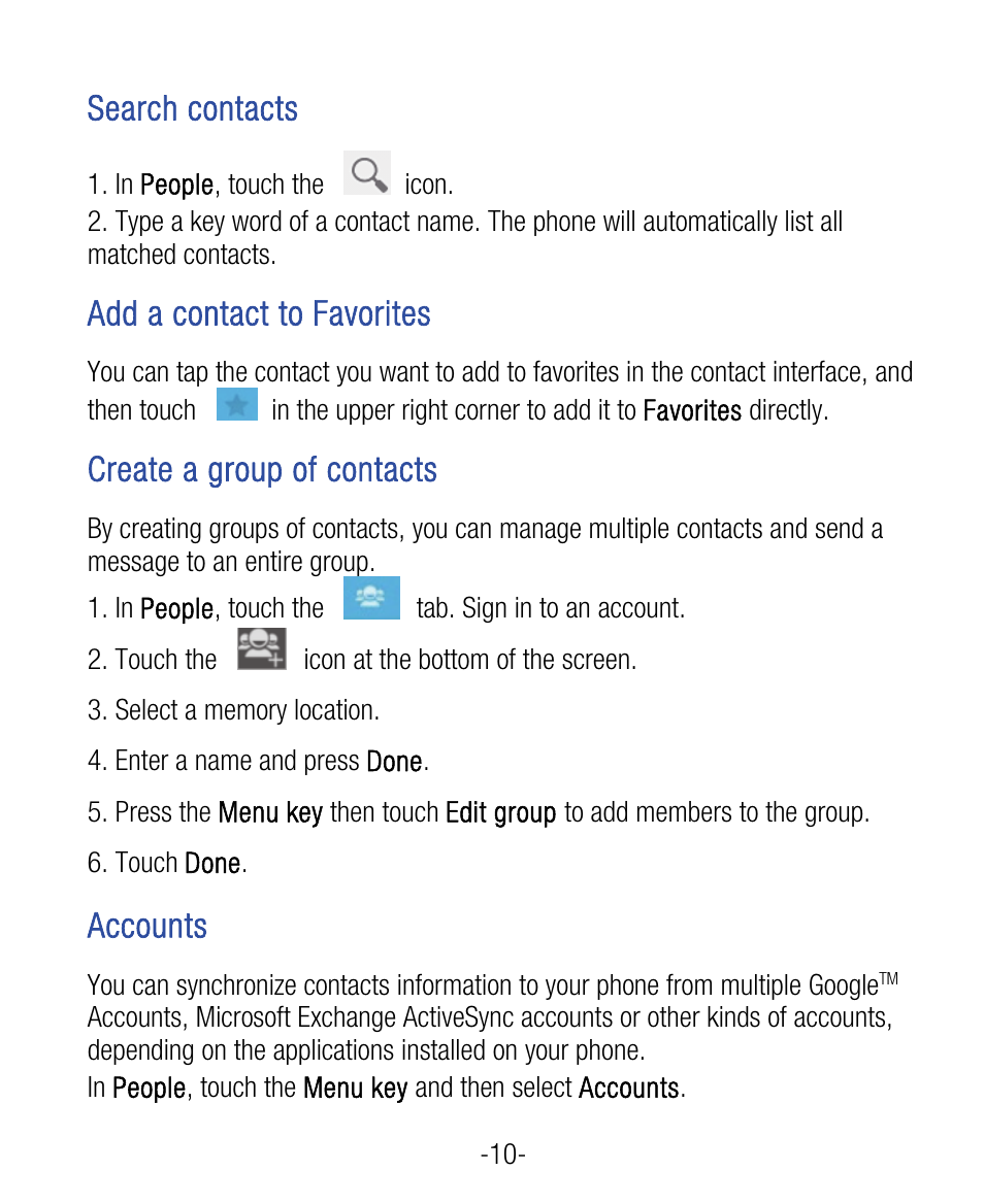 Search contacts, Add a contact to favorites, Create a group of contacts | Accounts | ZTE Grand X User Manual | Page 14 / 37
