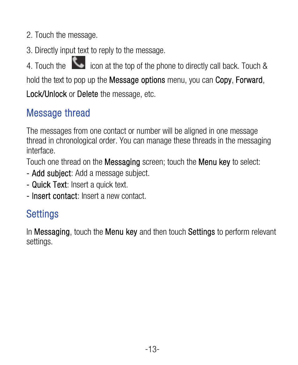 Message thread, Settings | ZTE Grand X User Manual | Page 17 / 37