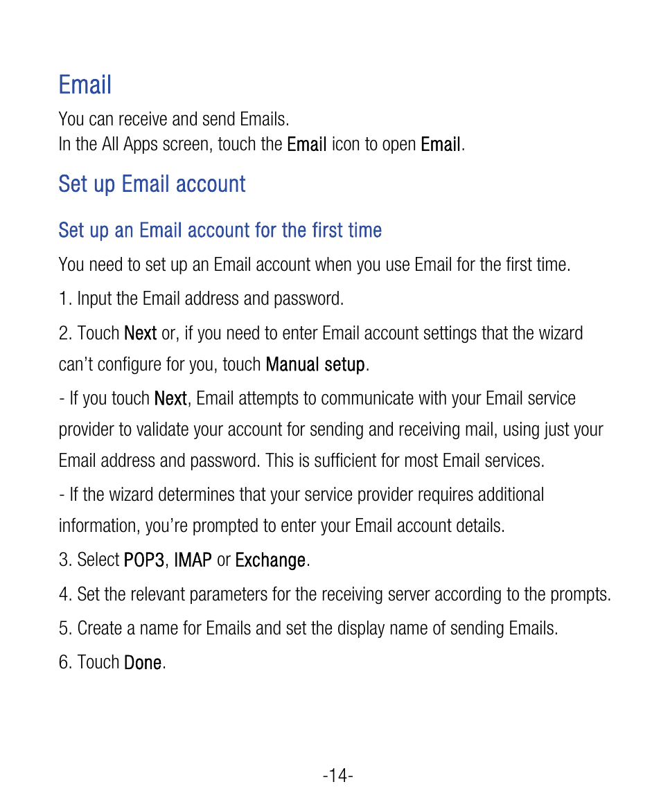 Email, Set up email account | ZTE Grand X User Manual | Page 18 / 37
