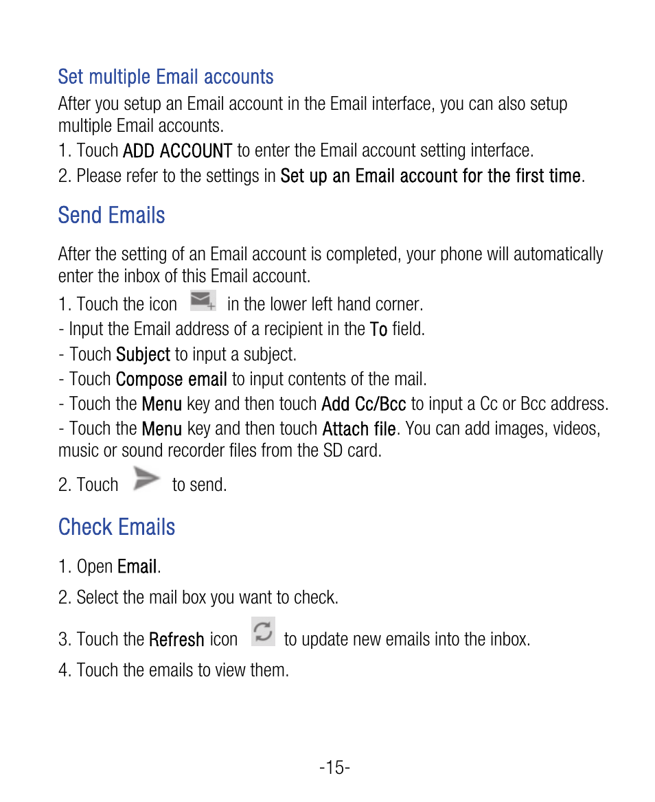 Send emails, Check emails | ZTE Grand X User Manual | Page 19 / 37
