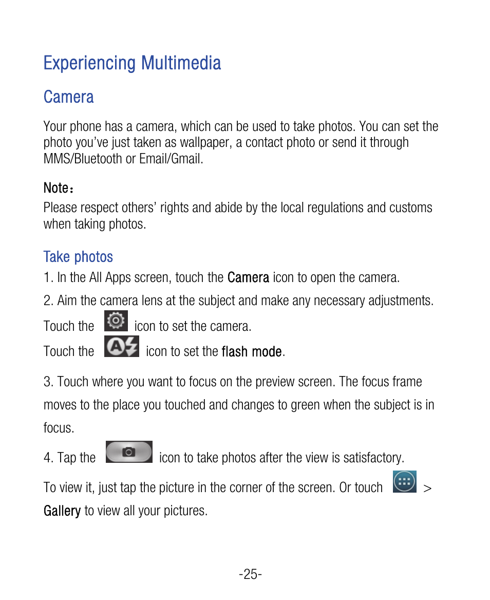 Experiencing multimedia, Camera | ZTE Grand X User Manual | Page 29 / 37