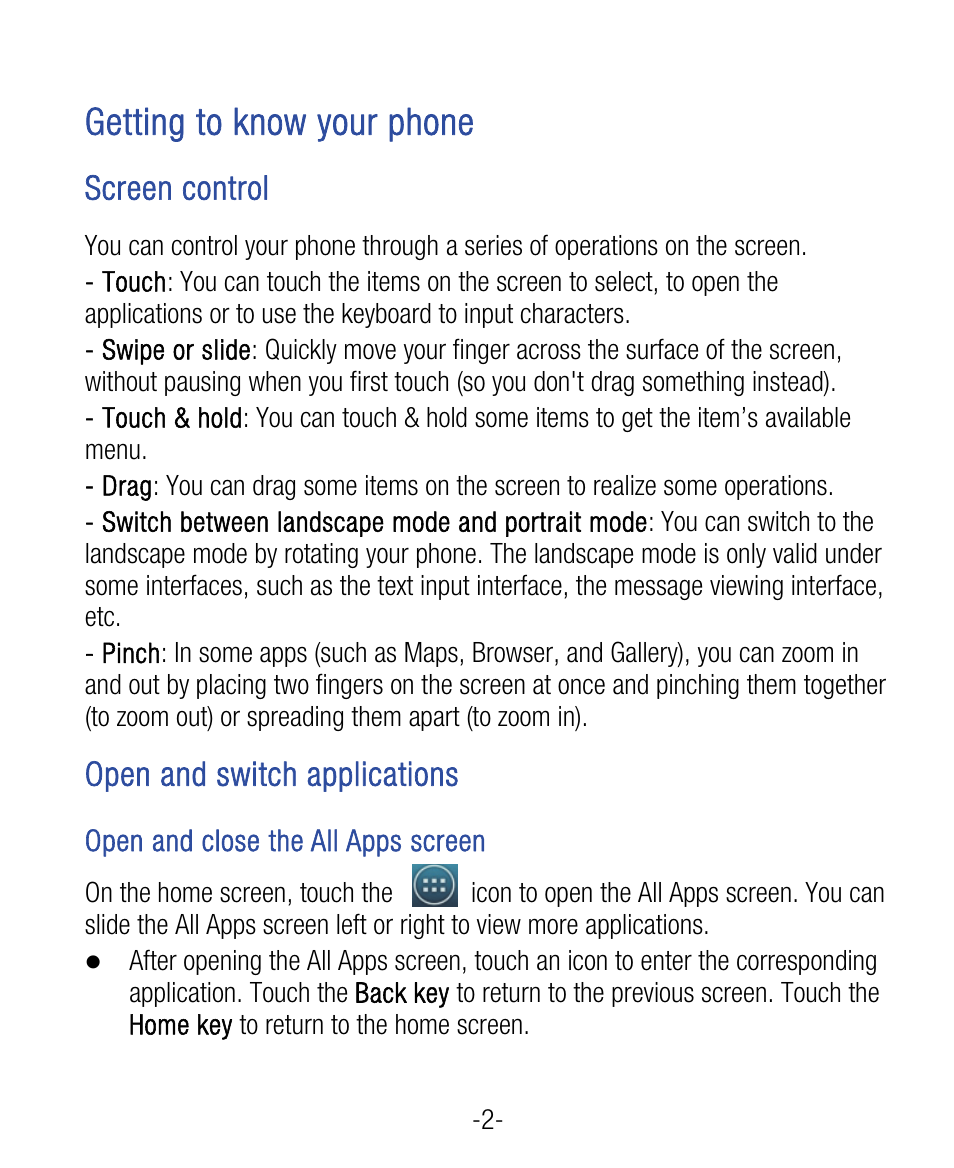 Getting to know your phone, Screen control, Open and switch applications | ZTE Grand X User Manual | Page 6 / 37