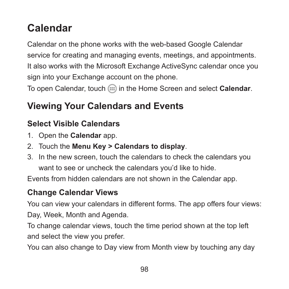 Calendar, Viewing your calendars and events | ZTE ZMAX User Manual | Page 100 / 172