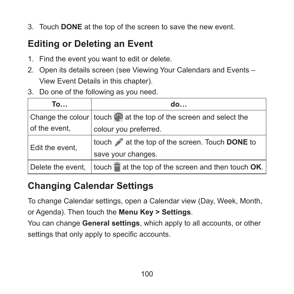 Editing or deleting an event, Changing calendar settings | ZTE ZMAX User Manual | Page 102 / 172