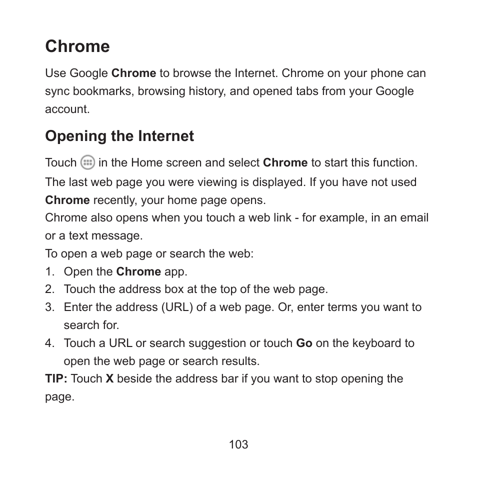 Chrome, Opening the internet | ZTE ZMAX User Manual | Page 105 / 172