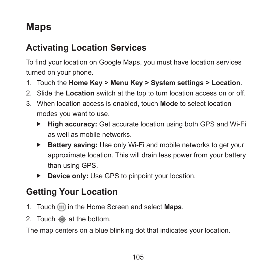 Maps, Activating location services, Getting your location | ZTE ZMAX User Manual | Page 107 / 172