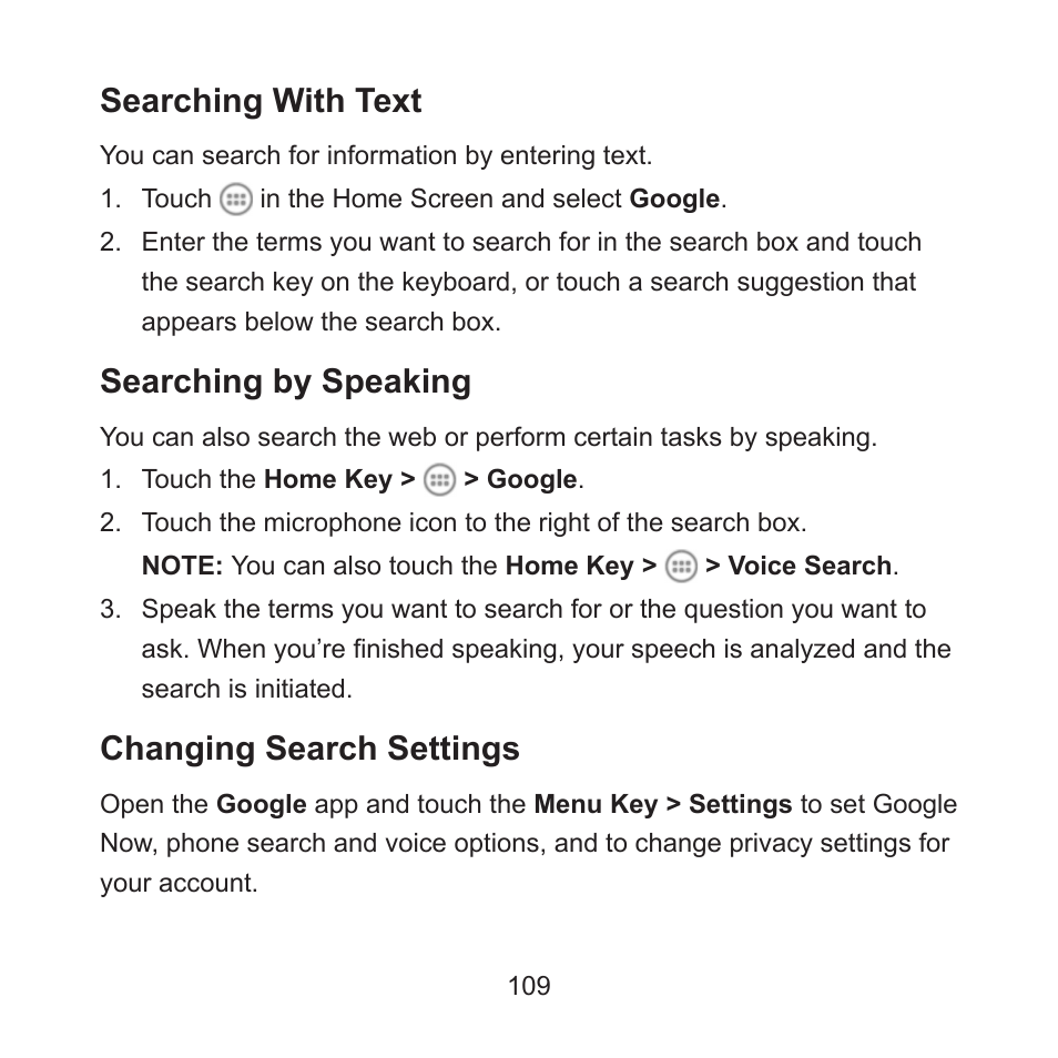 Searching with text, Searching by speaking, Changing search settings | ZTE ZMAX User Manual | Page 111 / 172