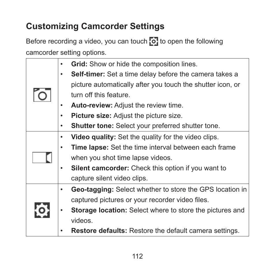 Customizing camcorder settings | ZTE ZMAX User Manual | Page 114 / 172