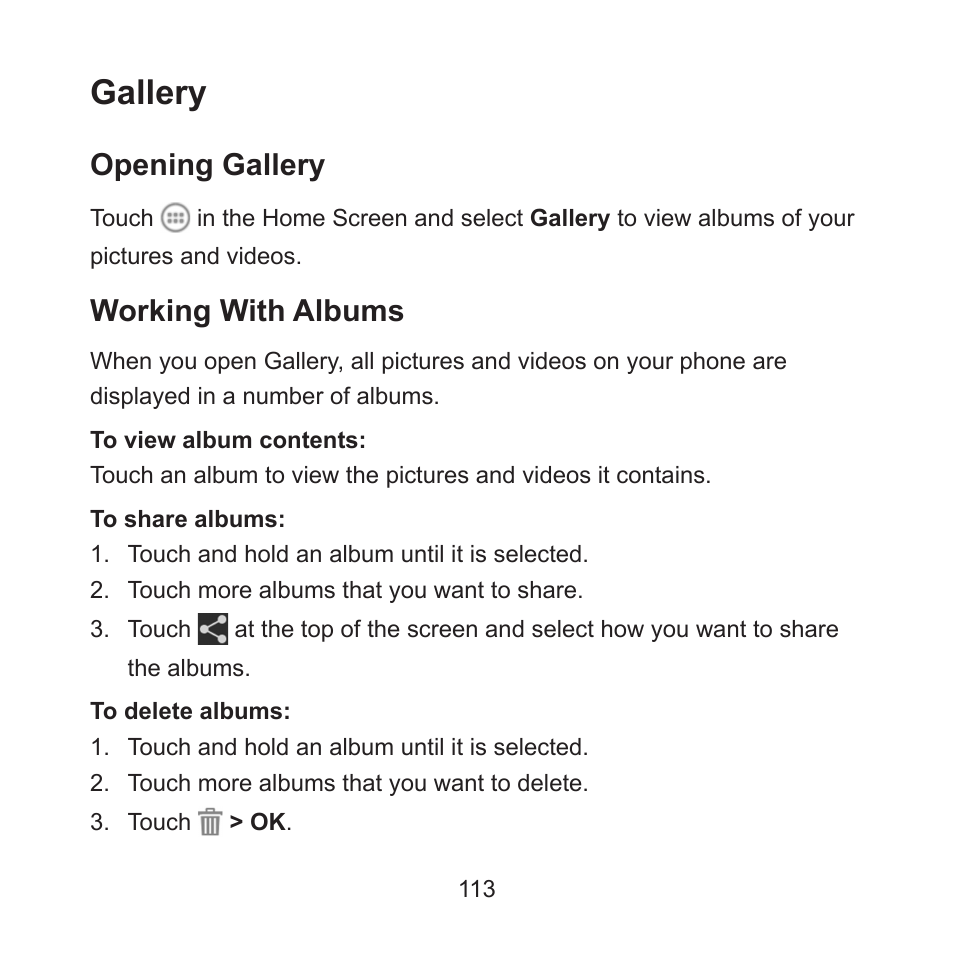 Gallery, Opening gallery, Working with albums | ZTE ZMAX User Manual | Page 115 / 172