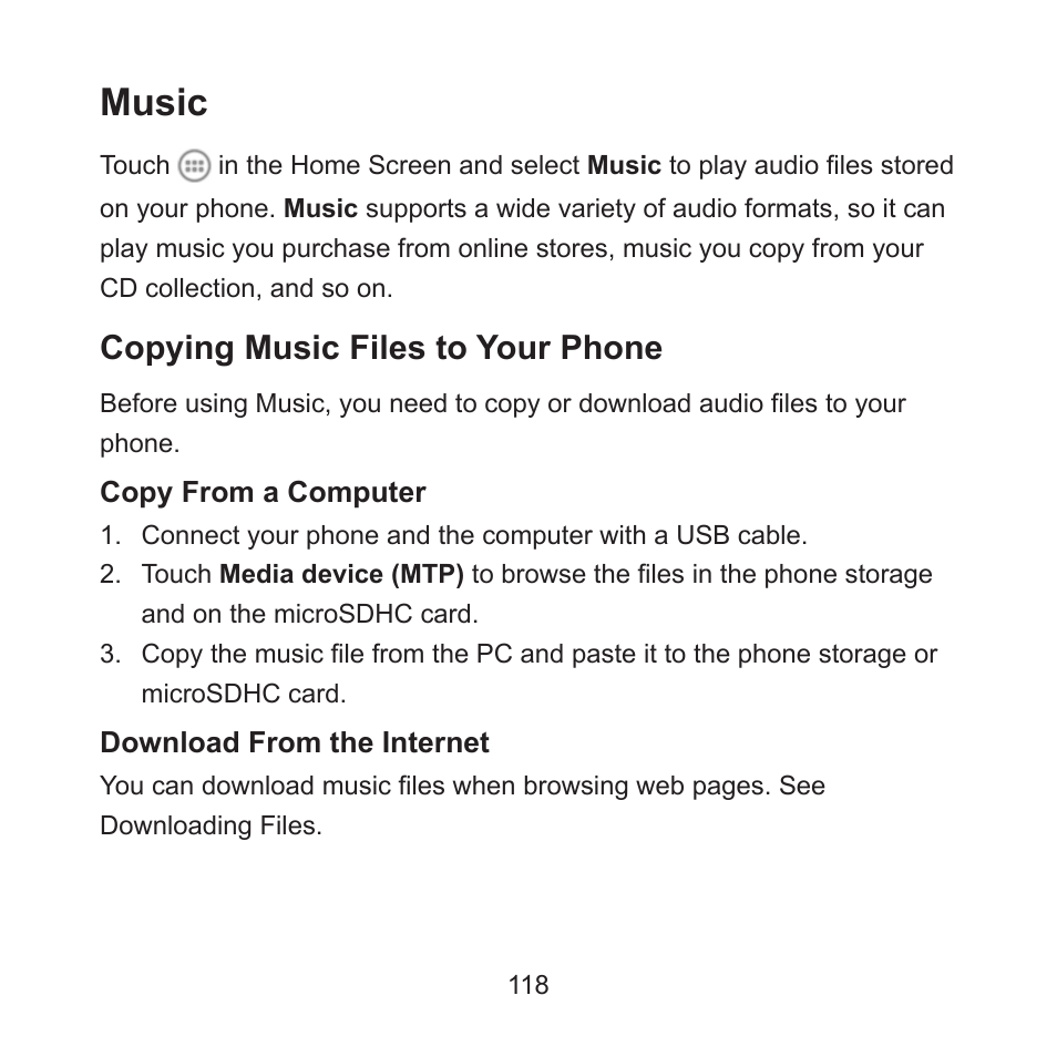 Music, Copying music files to your phone | ZTE ZMAX User Manual | Page 120 / 172