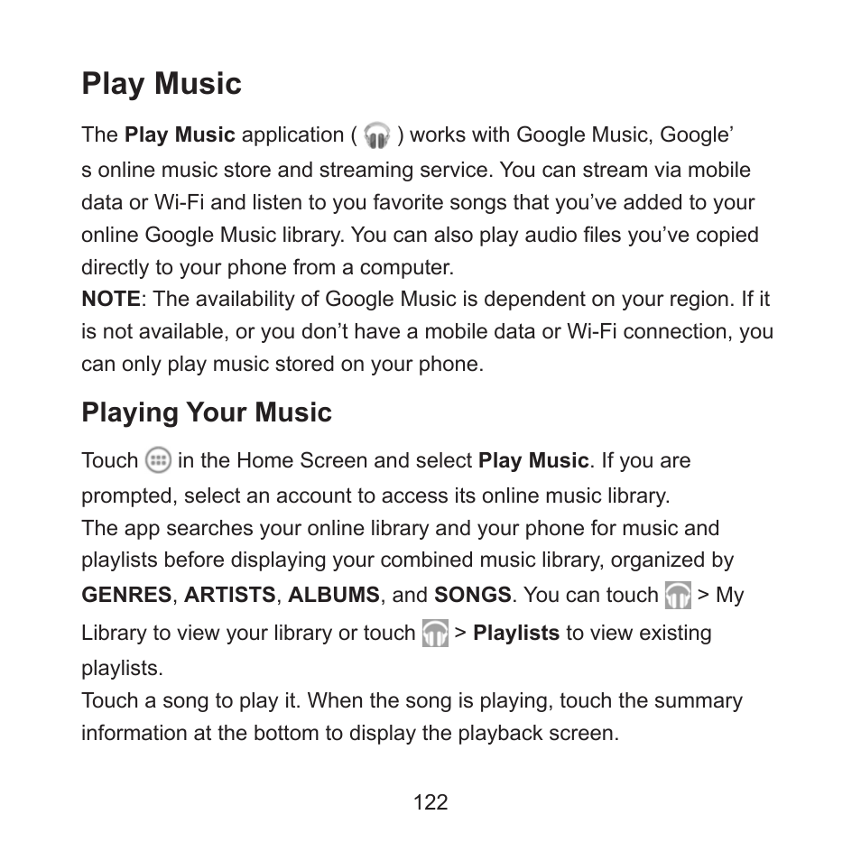 Play music, Playing your music | ZTE ZMAX User Manual | Page 124 / 172