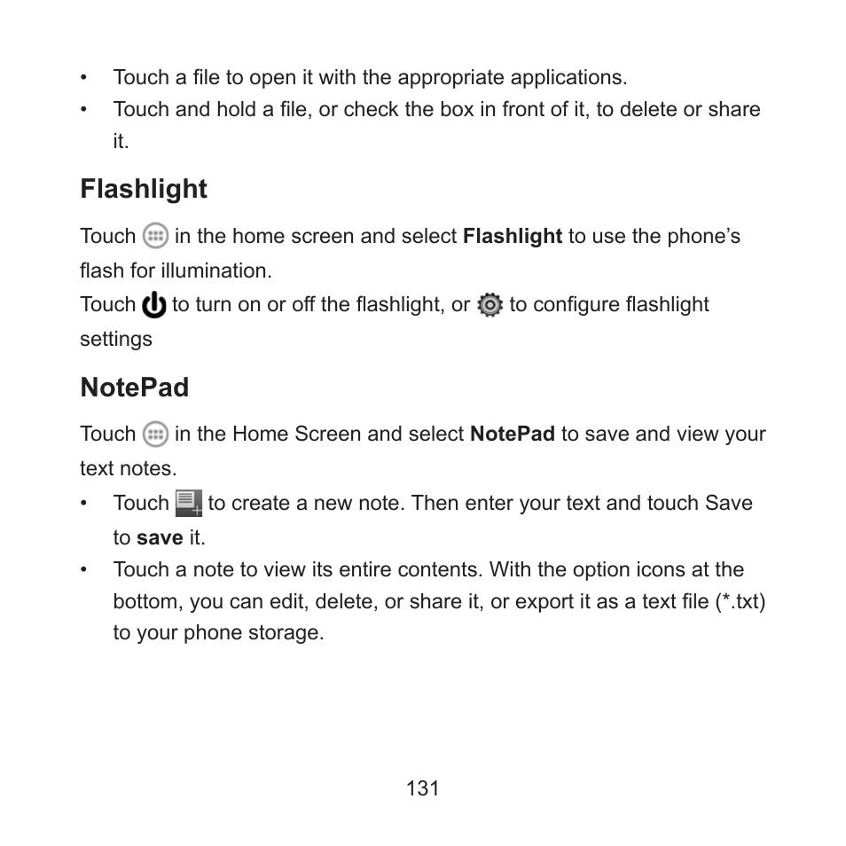 Flashlight | ZTE ZMAX User Manual | Page 133 / 172