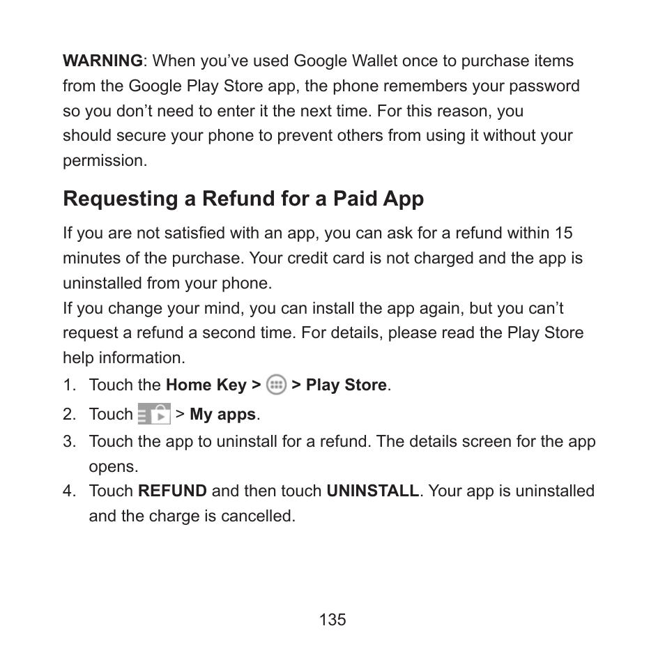 Requesting a refund for a paid app | ZTE ZMAX User Manual | Page 137 / 172