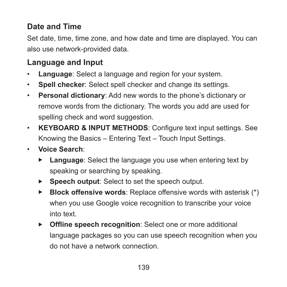 Date and time, Language and input | ZTE ZMAX User Manual | Page 141 / 172