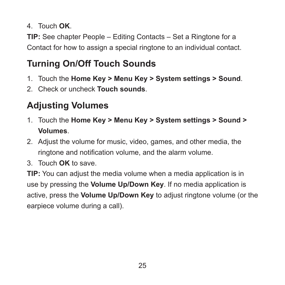 Turning on/off touch sounds, Adjusting volumes | ZTE ZMAX User Manual | Page 27 / 172