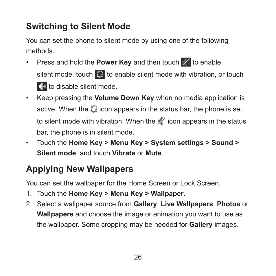 Switching to silent mode, Applying new wallpapers | ZTE ZMAX User Manual | Page 28 / 172