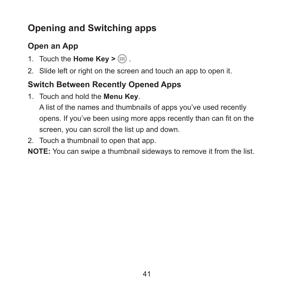 Opening and switching apps | ZTE ZMAX User Manual | Page 43 / 172