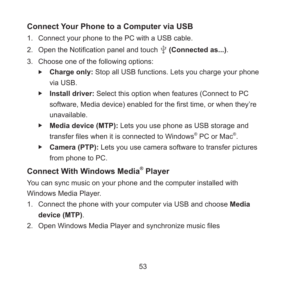 Connect your phone to a computer via usb, Connect with windows media, Player | ZTE ZMAX User Manual | Page 55 / 172