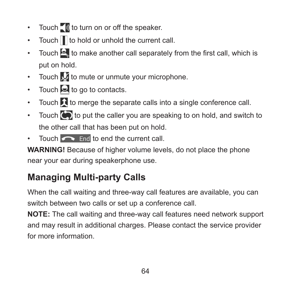 Managing multi-party calls | ZTE ZMAX User Manual | Page 66 / 172