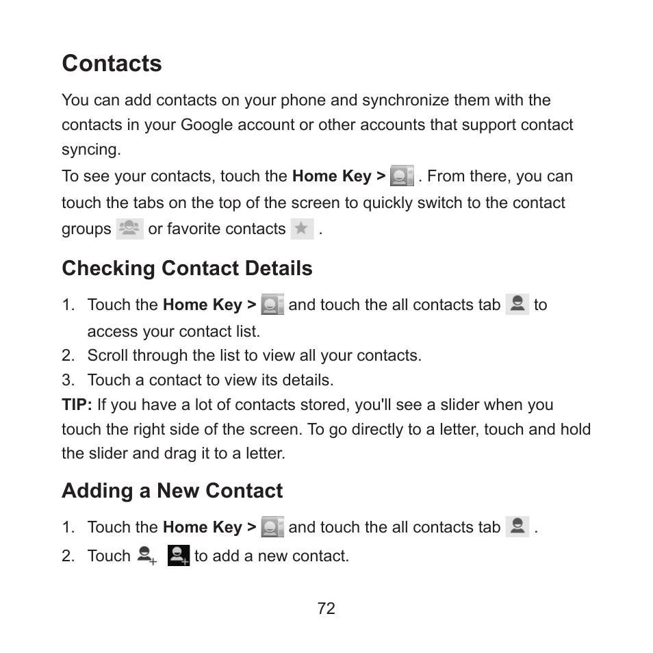 Contacts, Checking contact details, Adding a new contact | ZTE ZMAX User Manual | Page 74 / 172