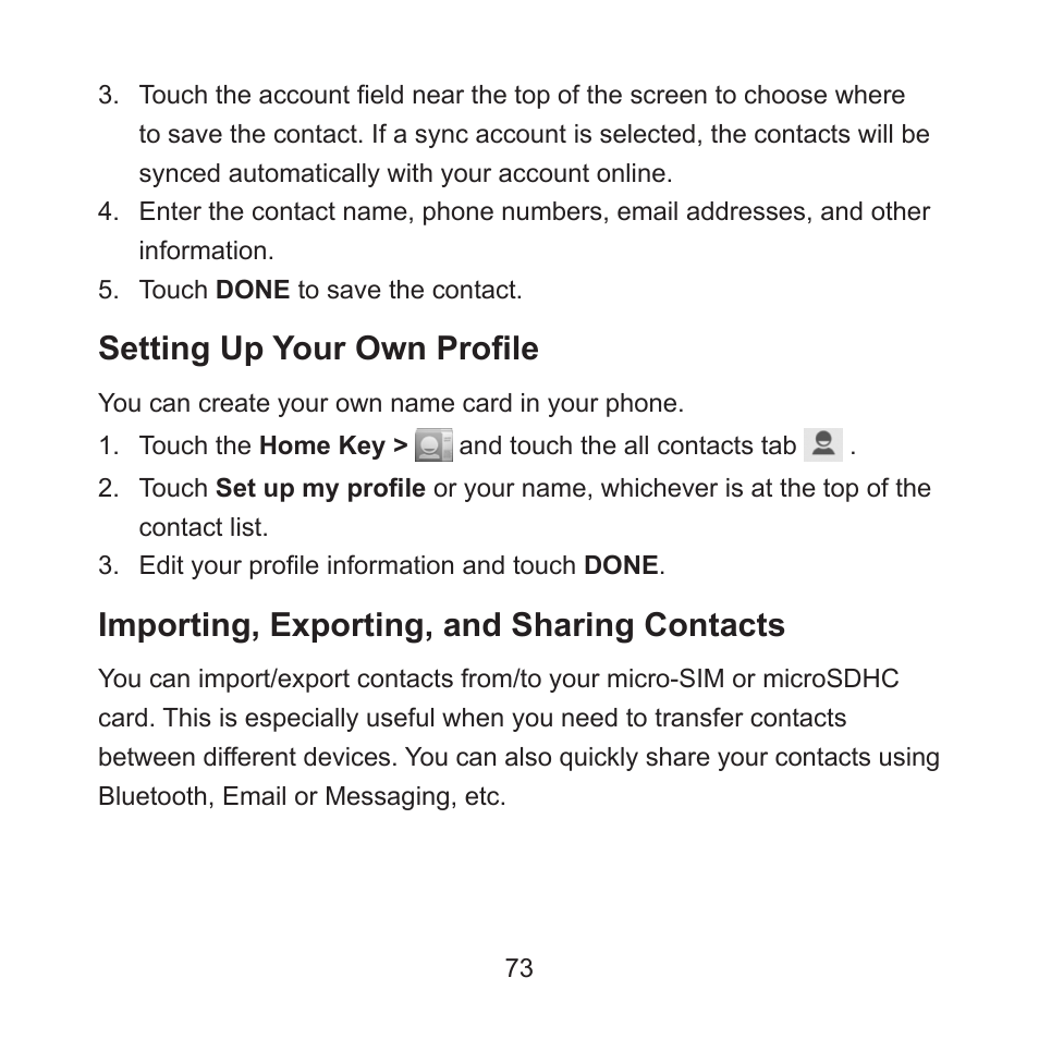 Setting up your own profile, Importing, exporting, and sharing contacts | ZTE ZMAX User Manual | Page 75 / 172