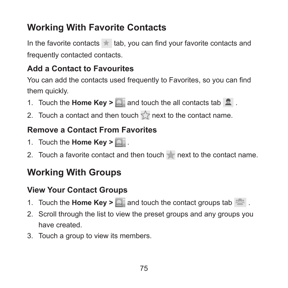 Working with favorite contacts, Working with groups | ZTE ZMAX User Manual | Page 77 / 172