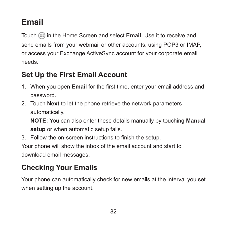 Email, Set up the first email account, Checking your emails | ZTE ZMAX User Manual | Page 84 / 172