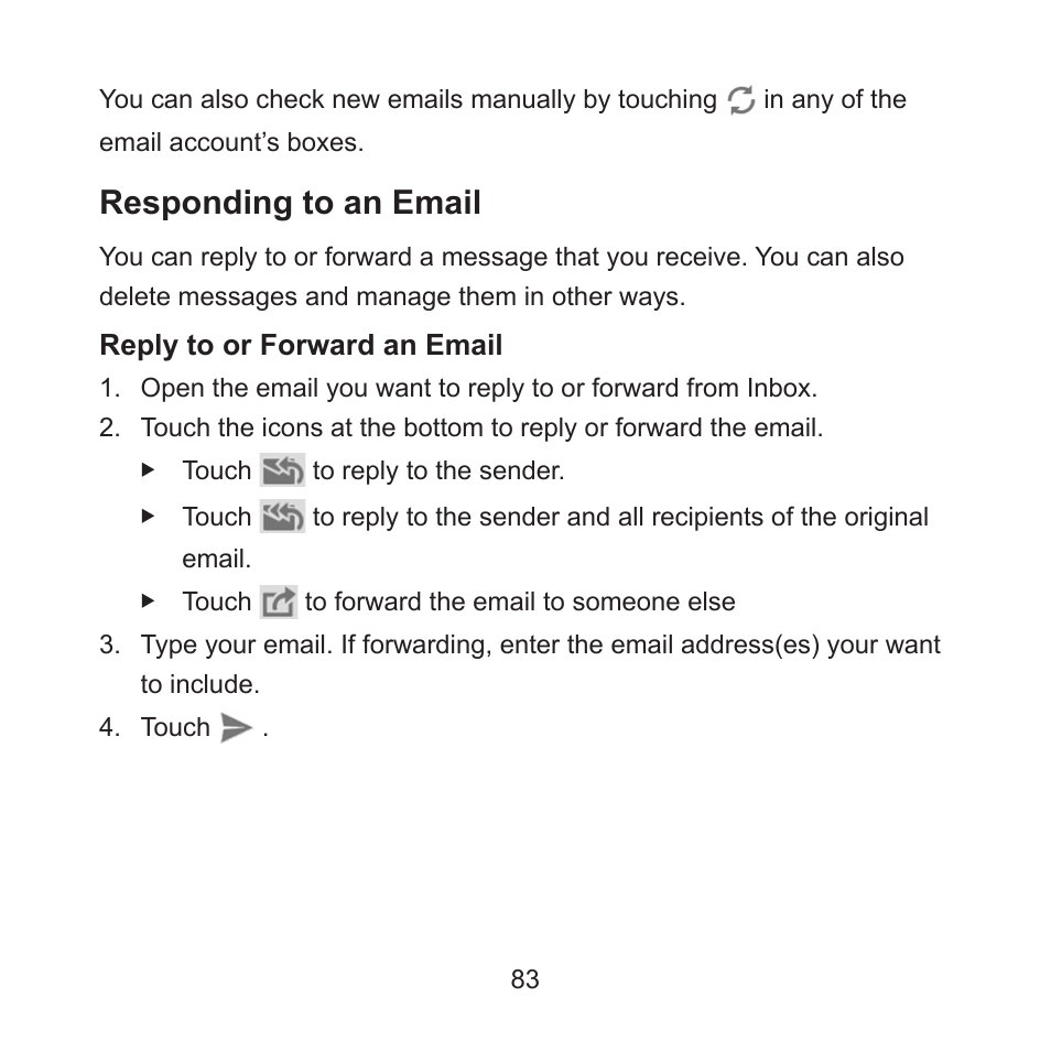 Responding to an email, Reply to or forward an email | ZTE ZMAX User Manual | Page 85 / 172