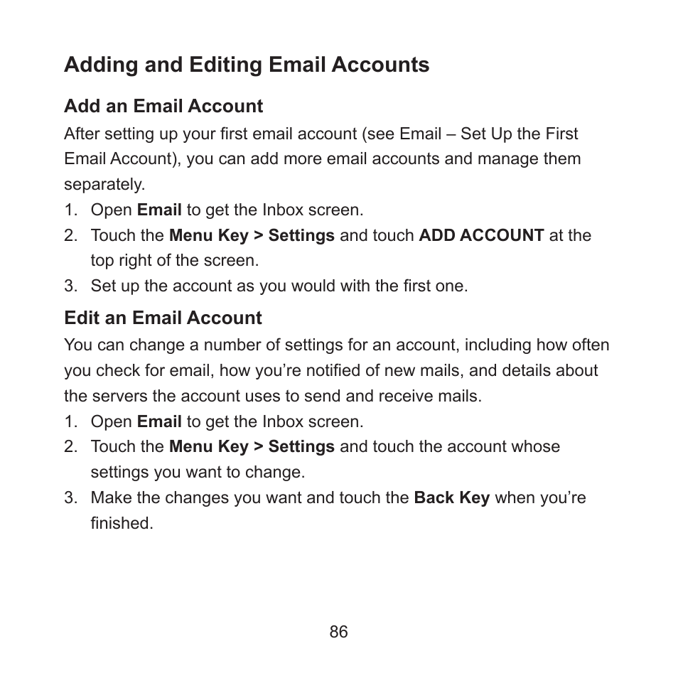 Adding and editing email accounts | ZTE ZMAX User Manual | Page 88 / 172