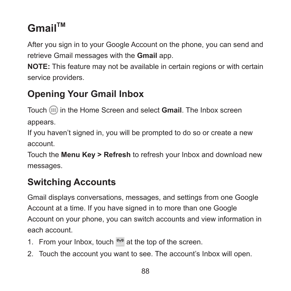 Gmail, Opening your gmail inbox, Switching accounts | ZTE ZMAX User Manual | Page 90 / 172