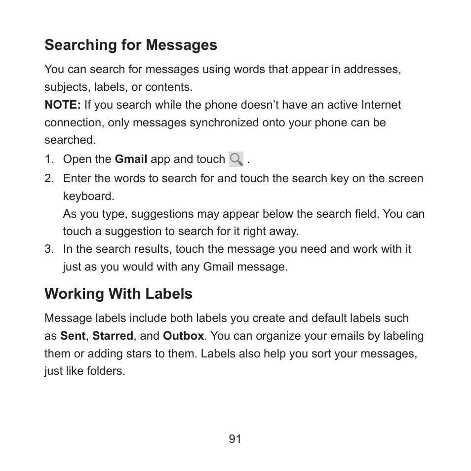 Searching for messages, Working with labels | ZTE ZMAX User Manual | Page 93 / 172