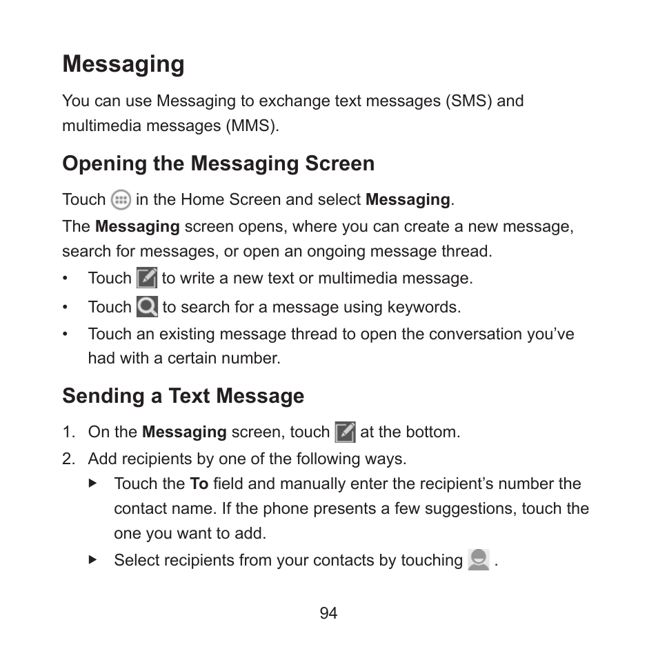 Messaging, Opening the messaging screen, Sending a text message | ZTE ZMAX User Manual | Page 96 / 172