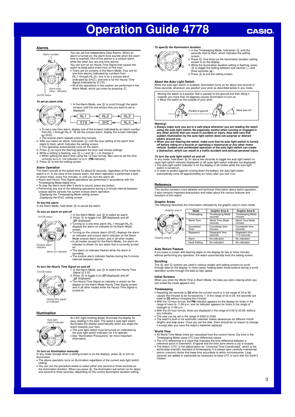 Alarms, Illumination, Reference | Operation guide 4778 | G-Shock G-1800D-2A User Manual | Page 3 / 4