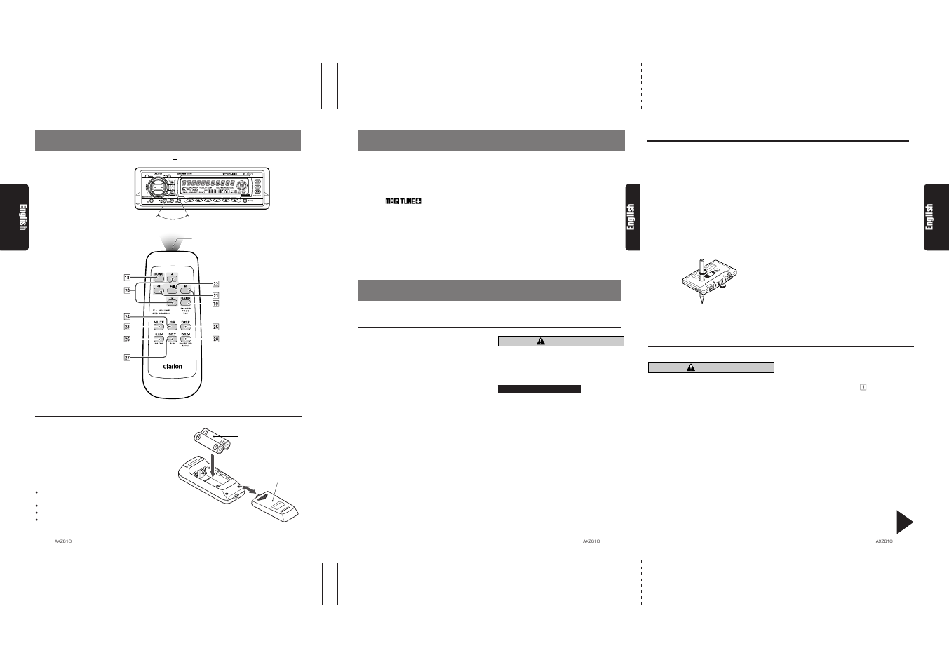 Precautions, Remote control, Features | Flip down panel, Inserting the batteries, Handling cassette tapes, Remote control unit, English, Caution | Clarion AXZ610 User Manual | Page 3 / 30