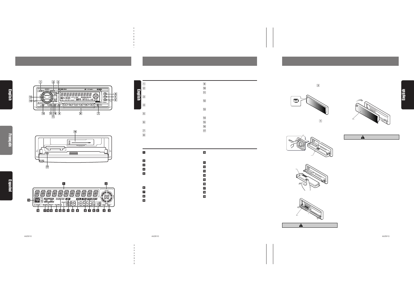Nomenclature, Controls / les commandes / controles, Names of buttons | Display items, Caution, English français español english english | Clarion AXZ610 User Manual | Page 4 / 30