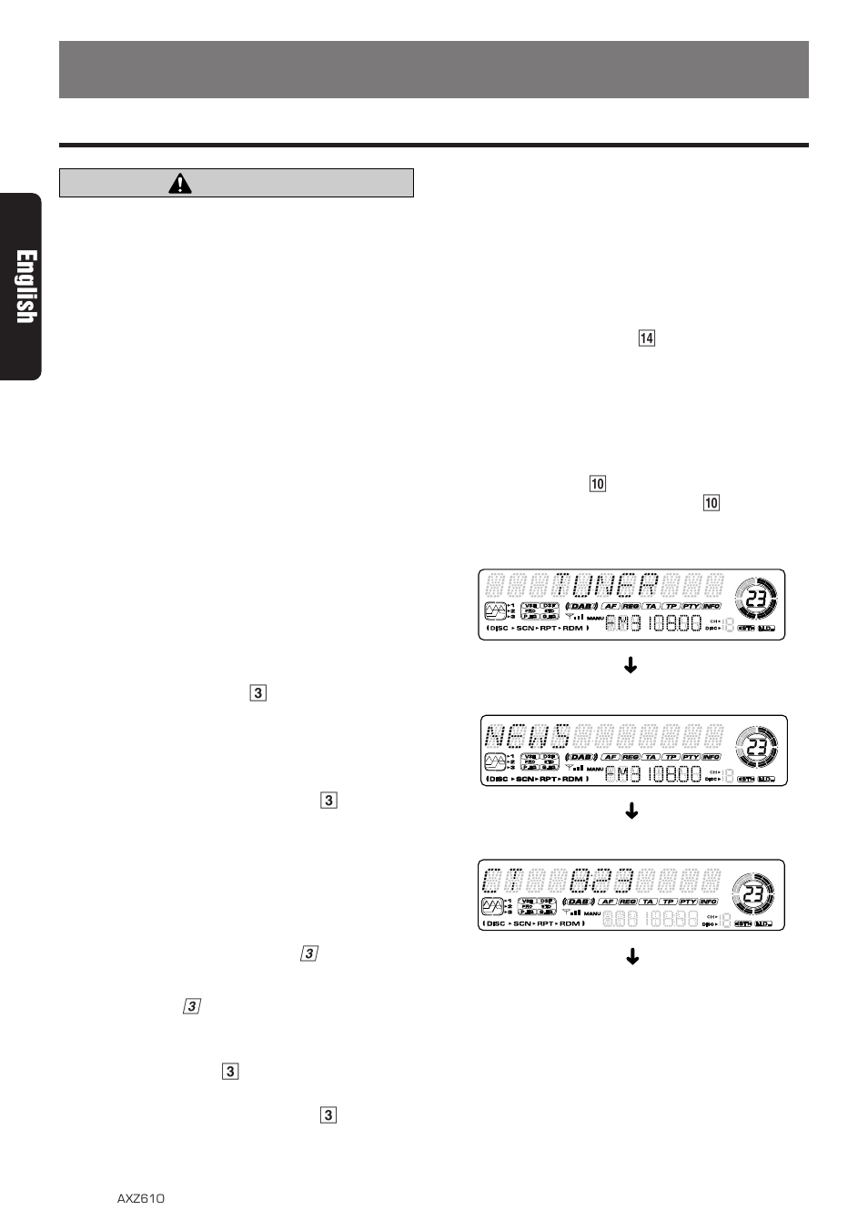 Operations, Basic operations, English | Caution, Turning on/off the power, Selecting a mode, Adjusting the volume, Switching the display | Clarion AXZ610 User Manual | Page 6 / 30