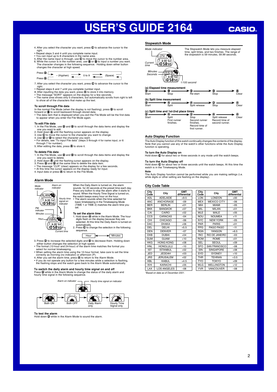 Alarm mode, Stopwatch mode, Auto display function | City code table, User’s guide 2164 | G-Shock 2164 User Manual | Page 2 / 2