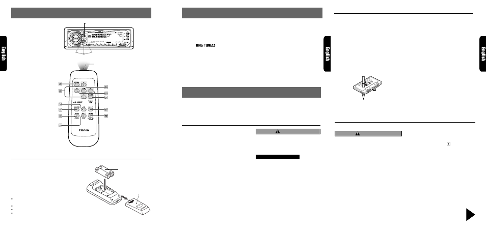 Precautions, Remote control, Features | Flip down panel, Inserting the batteries, Handling cassette tapes, Caution, Remote control unit, Handling precautions | Clarion ARX8570z User Manual | Page 3 / 26