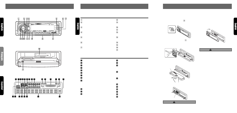 Nomenclature, Controls / les commandes / controles, Names of buttons | Display items, Caution, Source unit / appareil pilote / unidad fuente, Attaching the dcp, Removing the dcp | Clarion ARX8570z User Manual | Page 4 / 26