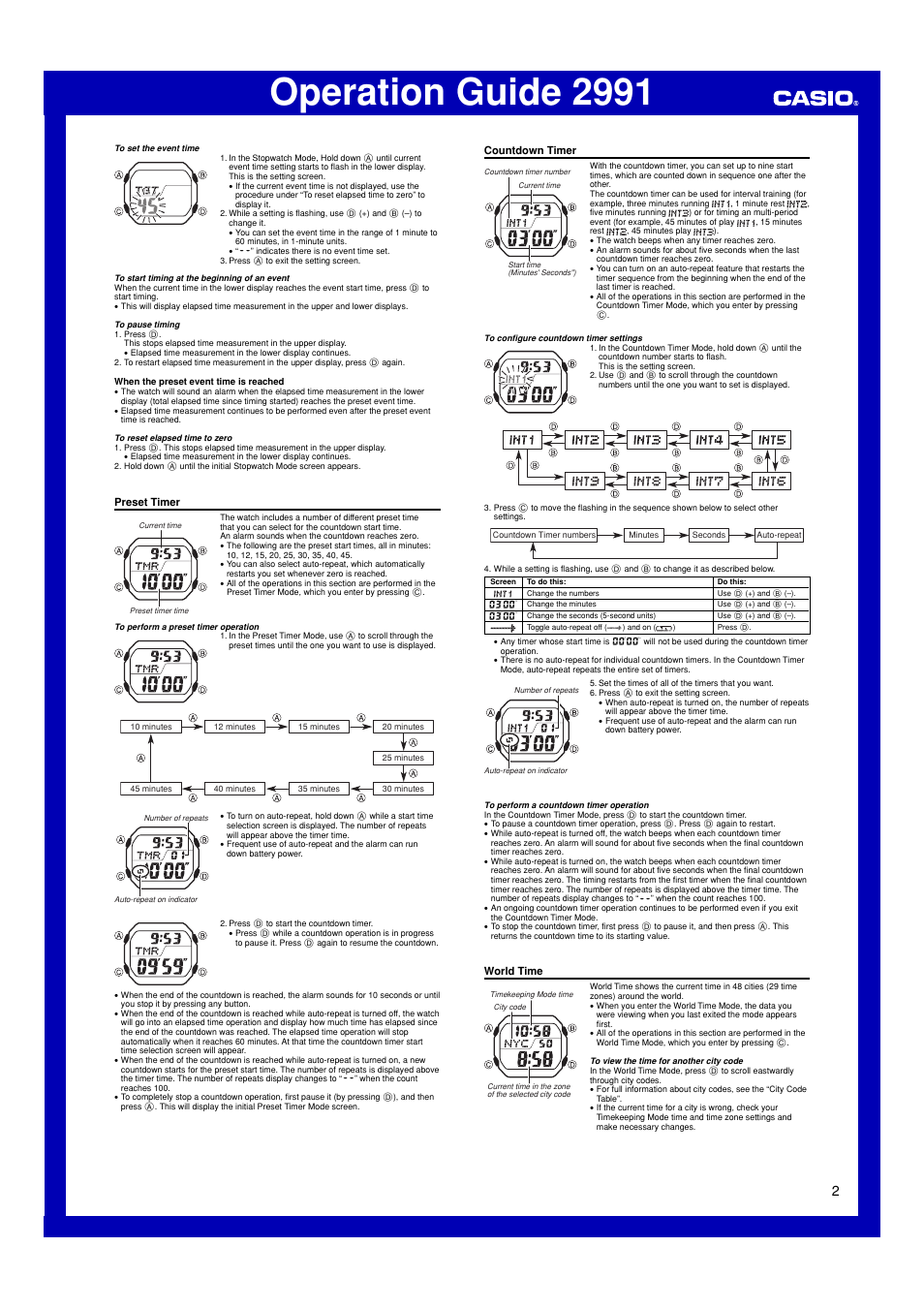 Preset timer, Countdown timer, World time | Operation guide 2991 | G-Shock DW-56RTWC-7JR User Manual | Page 2 / 4