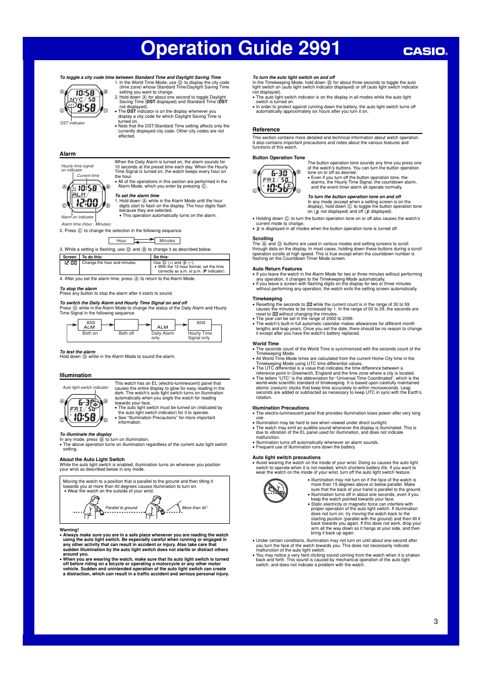 Alarm, Illumination, Reference | Operation guide 2991 | G-Shock DW-56RTWC-7JR User Manual | Page 3 / 4